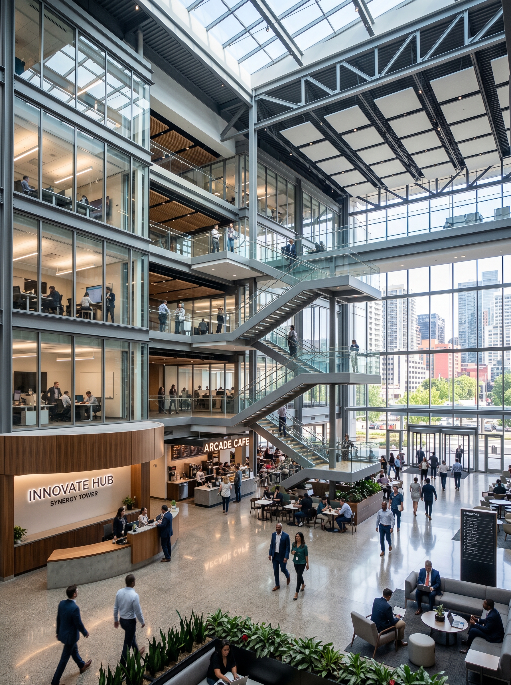 Corporate headquarters lobby with double-height atrium, living wall feature, and terrazzo floors